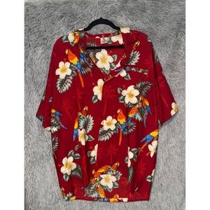 Red Hawaiian‎ Shirt XL Tropical Parrot Hibiscus Aloha Button Up Summer